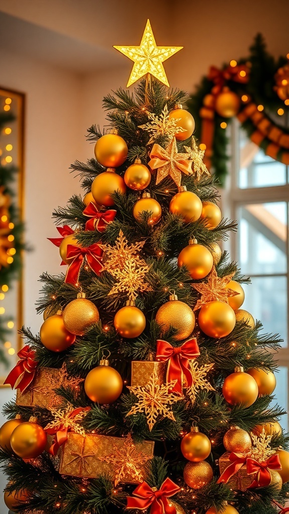 Festive Gold Christmas Images A collection of elegant gold Christmas images including a decorated tree, golden ornaments, and festive decorations.